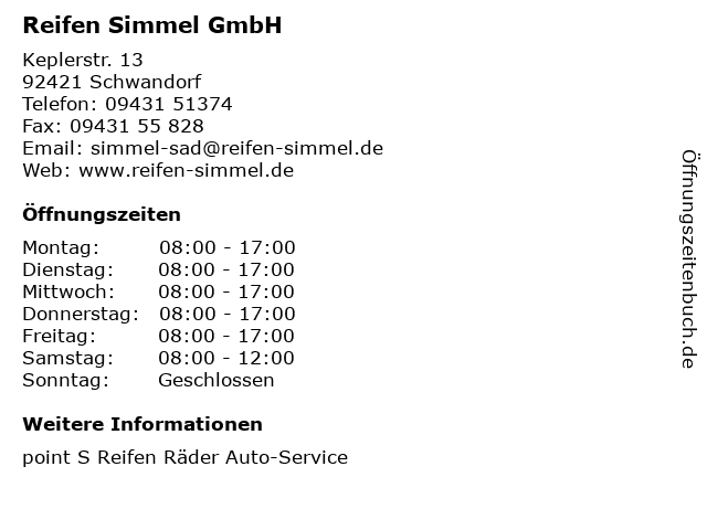 Reifen Simmel GmbH in Schwandorf: Adresse und Öffnungszeiten
