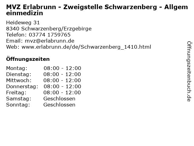 MVZ Erlabrunn - Zweigstelle Schwarzenberg - Allgemeinmedizin in Schwarzenberg/Erzgebirge: Adresse und Öffnungszeiten