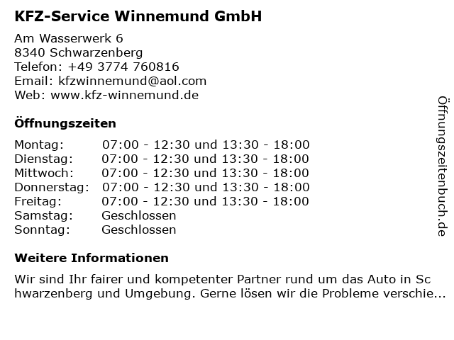 KFZ-Service Winnemund GmbH in Schwarzenberg: Adresse und Öffnungszeiten