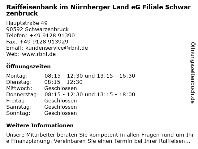 Raiffeisenbank im Nürnberger Land eG Filiale Schwarzenbruck in Schwarzenbruck: Adresse und Öffnungszeiten