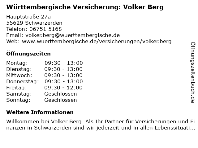 Württembergische Versicherung: Volker Berg in Schwarzerden: Adresse und Öffnungszeiten