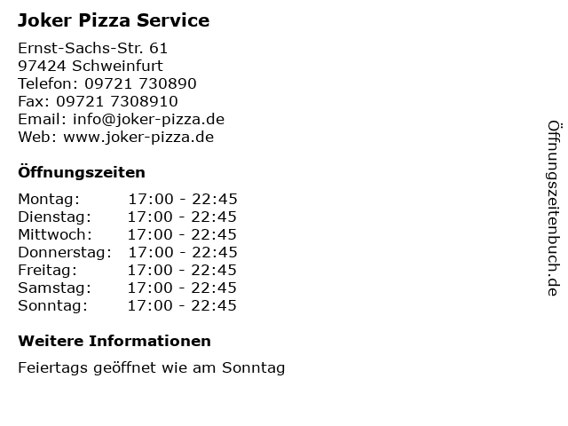 Joker Pizza Service in Schweinfurt: Adresse und Öffnungszeiten