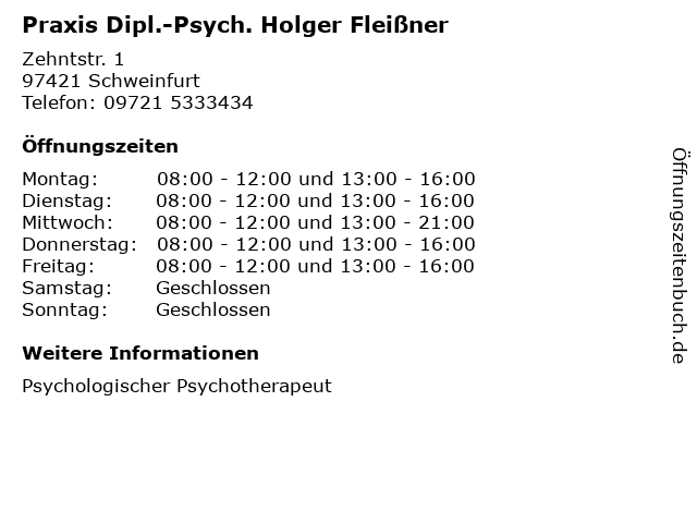 Praxis Dipl.-Psych. Holger Fleißner in Schweinfurt: Adresse und Öffnungszeiten