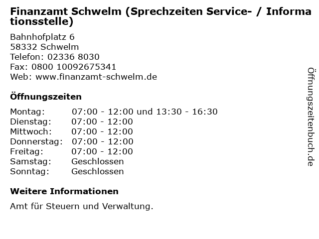 Finanzamt Schwelm (Sprechzeiten Service- / Informationsstelle) in Schwelm: Adresse und Öffnungszeiten