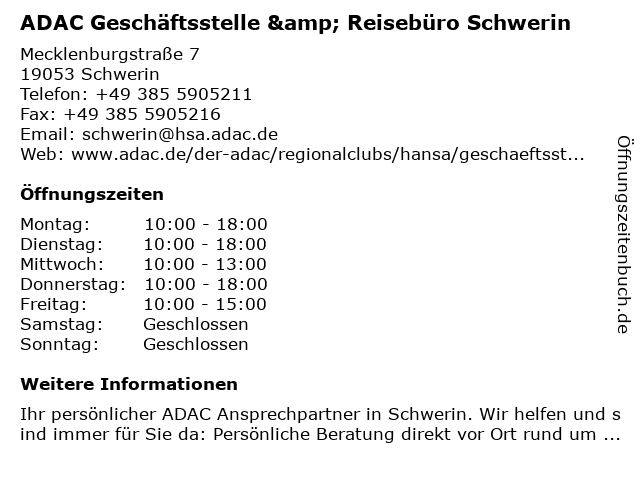 ADAC Geschäftsstelle & Reisebüro Schwerin in Schwerin: Adresse und Öffnungszeiten