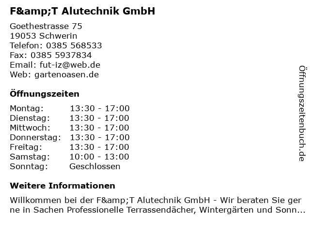 F&T Alu-Technik GmbH in Schwerin: Adresse und Öffnungszeiten
