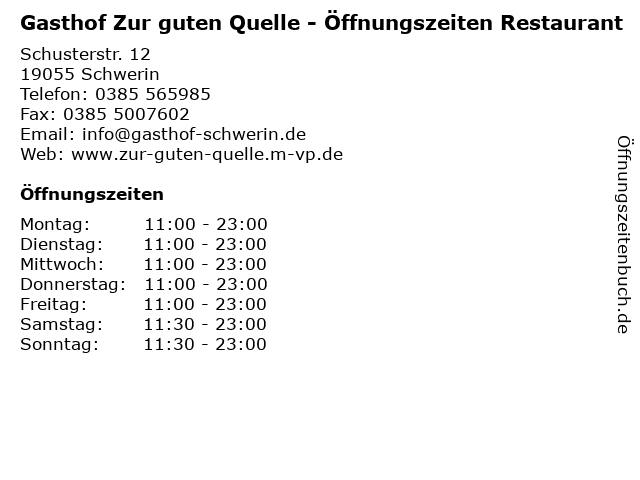 Gasthof Zur guten Quelle - Öffnungszeiten Restaurant in Schwerin: Adresse und Öffnungszeiten
