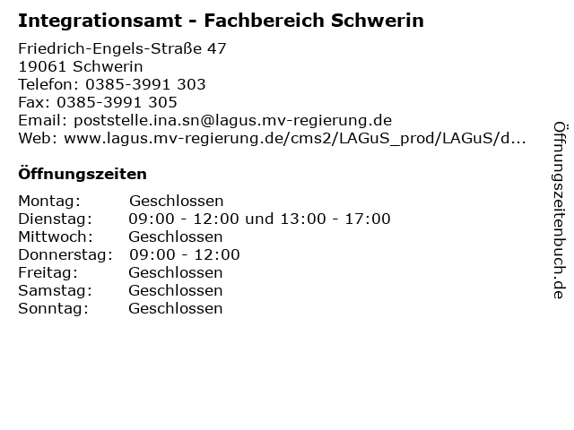 Integrationsamt - Fachbereich Schwerin in Schwerin: Adresse und Öffnungszeiten