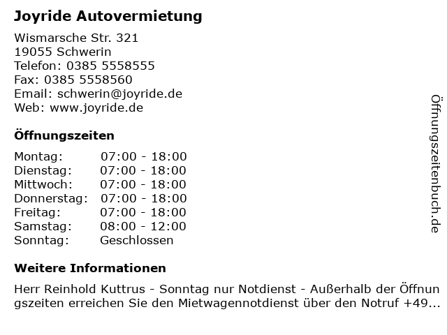Joyride Autovermietung in Schwerin: Adresse und Öffnungszeiten
