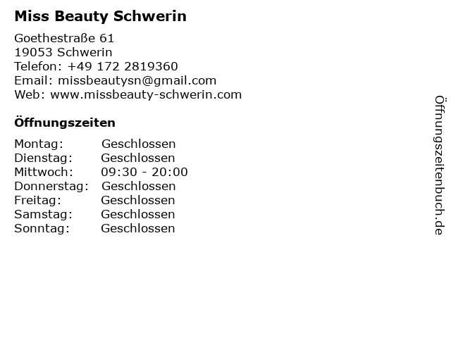 Miss Beauty Schwerin in Schwerin: Adresse und Öffnungszeiten