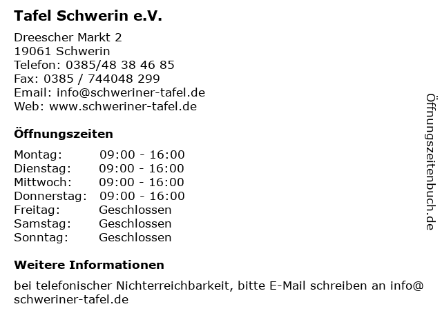 ᐅ Offnungszeiten Schweriner Tafel E V Kornerstr 17 In Schwerin