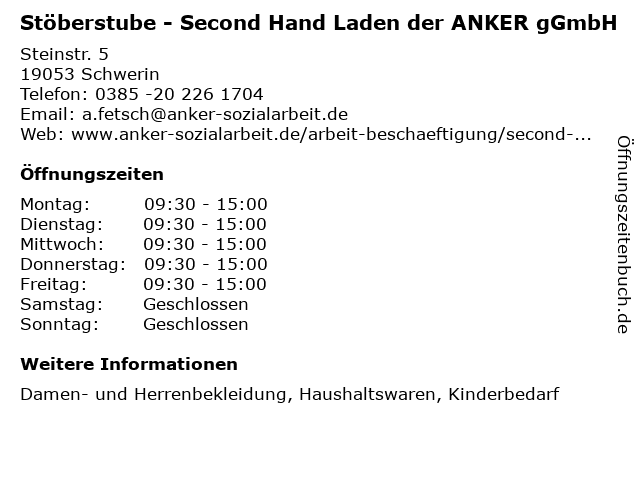 Stöberstube - Second Hand Laden der ANKER gGmbH in Schwerin: Adresse und Öffnungszeiten