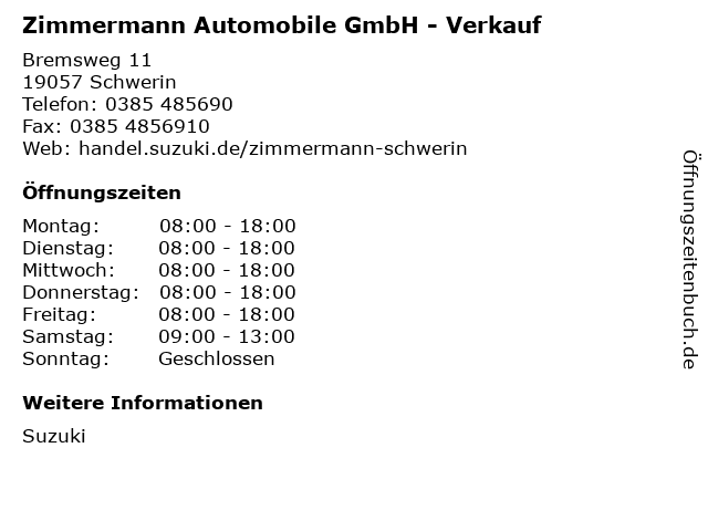 Zimmermann Automobile GmbH - Verkauf in Schwerin: Adresse und Öffnungszeiten
