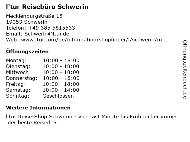 l'tur Reisebüro Schwerin in Schwerin: Adresse und Öffnungszeiten