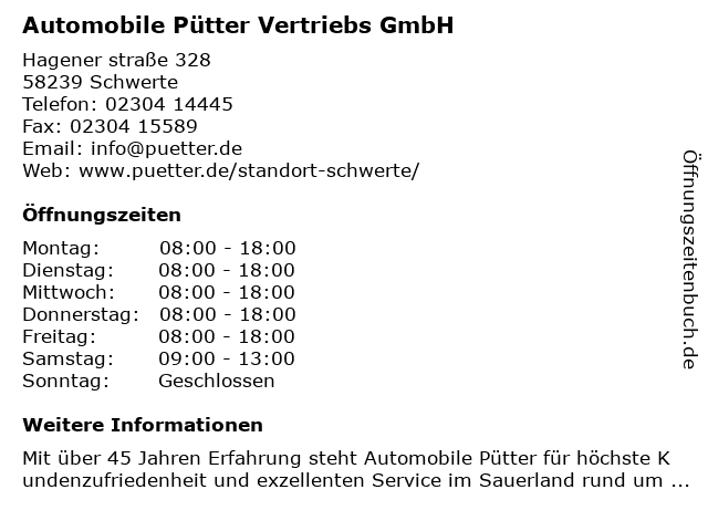 Automobile Pütter Vertriebs GmbH in Schwerte: Adresse und Öffnungszeiten