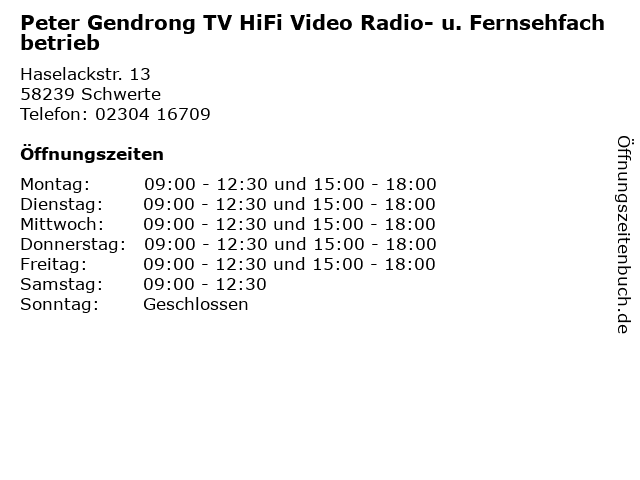 Peter Gendrong TV HiFi Video Radio- u. Fernsehfachbetrieb in Schwerte: Adresse und Öffnungszeiten