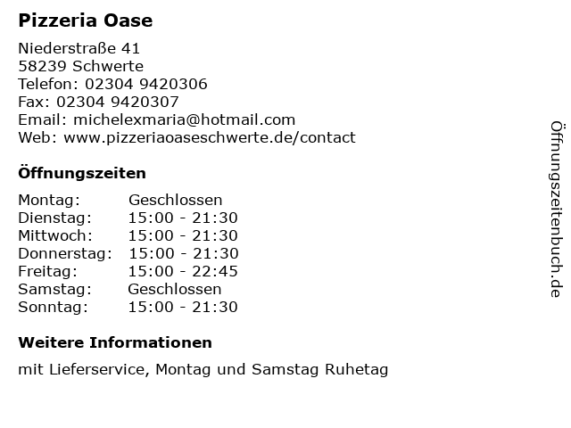 Pizzeria Oase in Schwerte: Adresse und Öffnungszeiten