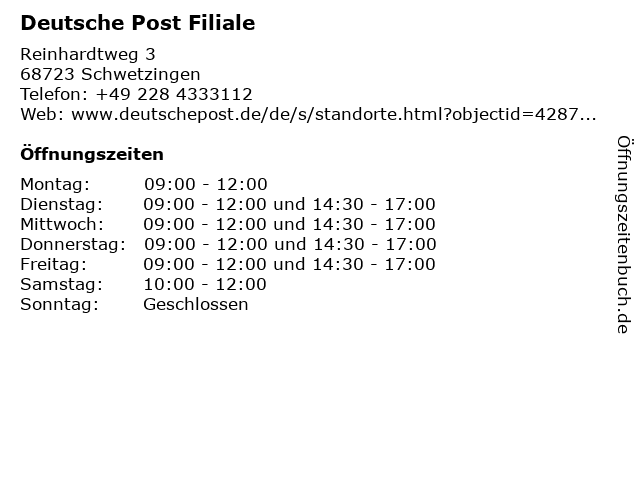 ᐅ Öffnungszeiten „Post“ | Reinhardtweg 3 in Schwetzingen