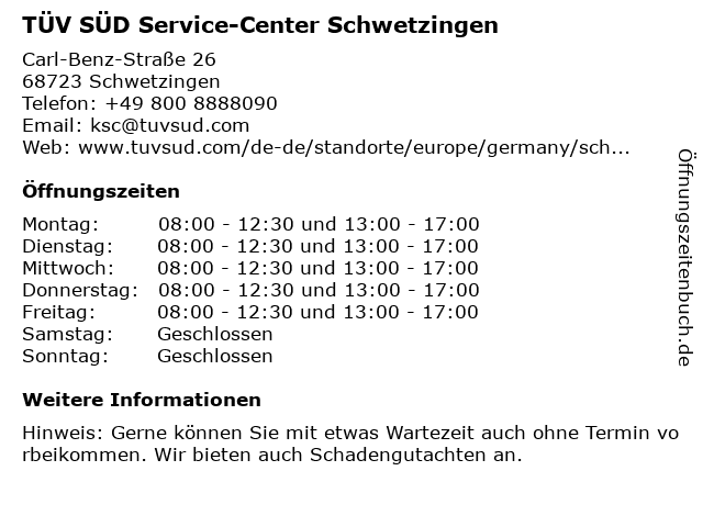 TÜV SÜD Service-Center Schwetzingen in Schwetzingen: Adresse und Öffnungszeiten