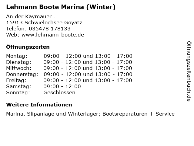 Lehmann Boote Marina (Winter) in Schwielochsee Goyatz: Adresse und Öffnungszeiten