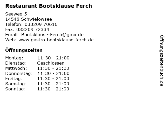Restaurant Bootsklause Ferch in Schwielowsee: Adresse und Öffnungszeiten