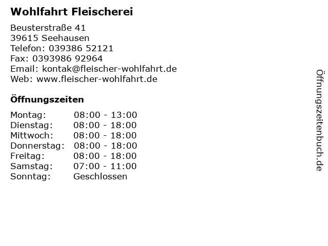 Wohlfahrt Fleischerei in Seehausen: Adresse und Öffnungszeiten