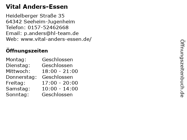 Vital Anders-Essen in Seeheim-Jugenheim: Adresse und Öffnungszeiten
