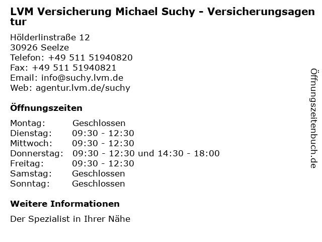 LVM Versicherung Michael Suchy - Versicherungsagentur in Seelze: Adresse und Öffnungszeiten
