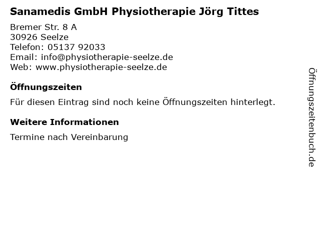 Sanamedis GmbH Physiotherapie Jörg Tittes in Seelze: Adresse und Öffnungszeiten
