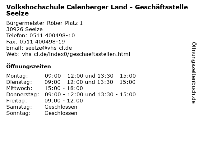 Volkshochschule Calenberger Land - Geschäftsstelle Seelze in Seelze: Adresse und Öffnungszeiten