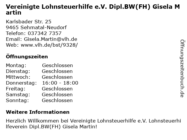 Vereinigte Lohnsteuerhilfe e.V. Dipl.BW(FH) Gisela Martin in Sehmatal-Neudorf: Adresse und Öffnungszeiten