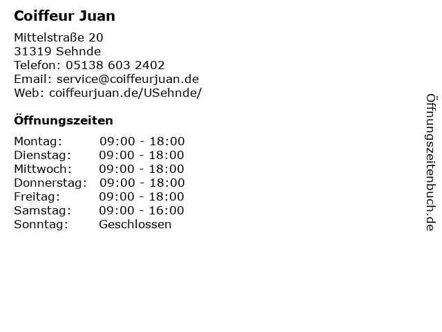 Coiffeur Juan in Sehnde: Adresse und Öffnungszeiten