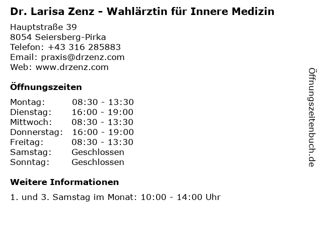 Dr. Larisa Zenz - Wahlärztin für Innere Medizin in Seiersberg-Pirka: Adresse und Öffnungszeiten