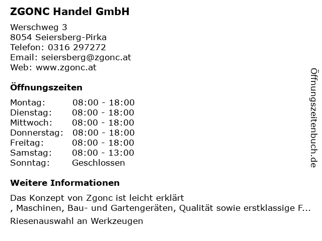 ZGONC Handel GmbH in Seiersberg-Pirka: Adresse und Öffnungszeiten