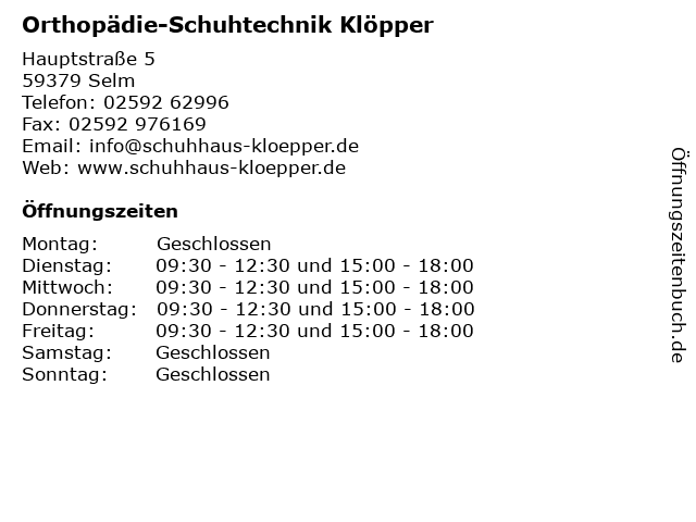 Orthopädie-Schuhtechnik Klöpper in Selm: Adresse und Öffnungszeiten