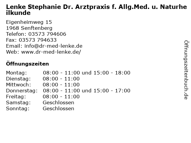 Lenke Stephanie Dr. Arztpraxis f. Allg.Med. u. Naturheilkunde in Senftenberg: Adresse und Öffnungszeiten