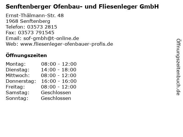 Senftenberger Ofenbau- und Fliesenleger GmbH in Senftenberg: Adresse und Öffnungszeiten