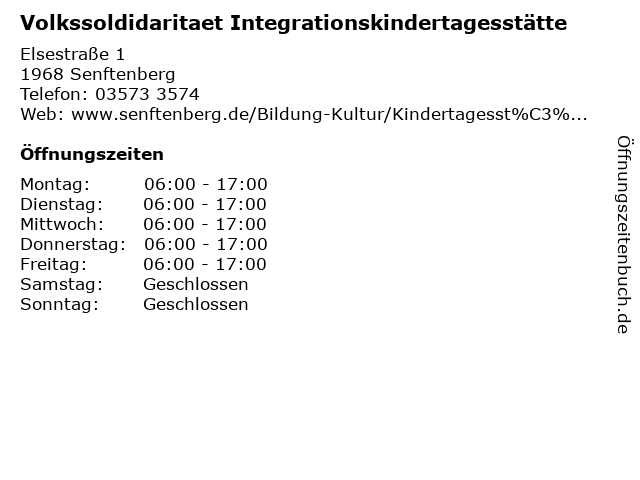 Volkssoldidaritaet Integrationskindertagesstätte in Senftenberg: Adresse und Öffnungszeiten
