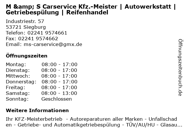 M & S Carservice Kfz.-Meister | Autowerkstatt | Getriebespülung | Reifenhandel in Siegburg: Adresse und Öffnungszeiten