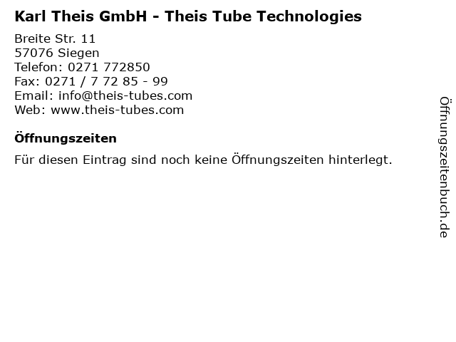 Karl Theis GmbH - Theis Tube Technologies in Siegen: Adresse und Öffnungszeiten