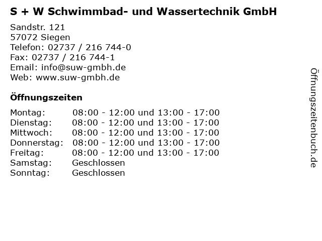 S + W Schwimmbad- und Wassertechnik GmbH in Siegen: Adresse und Öffnungszeiten