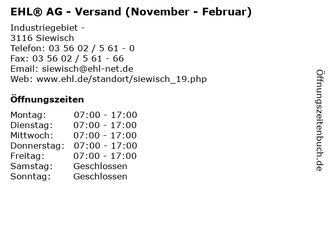 EHL® AG - Versand (November - Februar) in Siewisch: Adresse und Öffnungszeiten