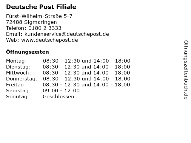 Deutsche Post Filiale in Sigmaringen: Adresse und Öffnungszeiten