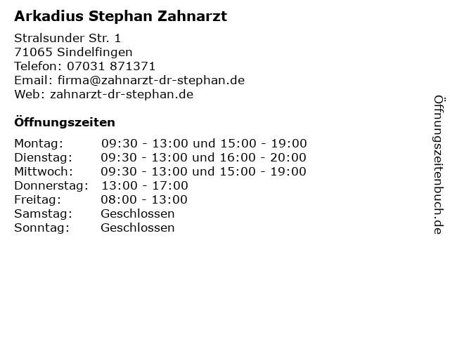 Arkadius Stephan Zahnarzt in Sindelfingen: Adresse und Öffnungszeiten