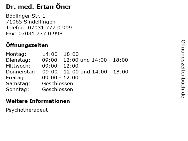 Dr. med. Ertan Öner in Sindelfingen: Adresse und Öffnungszeiten