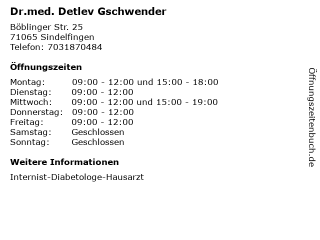 Dr.med. Detlev Gschwender in Sindelfingen: Adresse und Öffnungszeiten