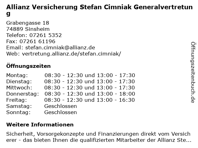 ᐅ Offnungszeiten Allianz Versicherung Generalvertretung Stefan Cimniak Grabengasse 18 In Sinsheim