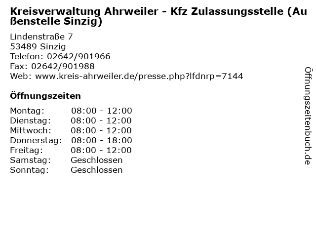 Kreisverwaltung Ahrweiler - Kfz Zulassungsstelle (Außenstelle Sinzig) in Sinzig: Adresse und Öffnungszeiten
