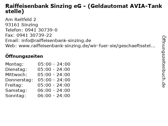 Raiffeisenbank Sinzing eG - (Geldautomat AVIA-Tankstelle) in Sinzing: Adresse und Öffnungszeiten