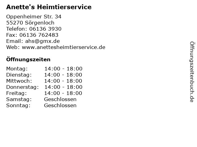 Anette's Heimtierservice in Sörgenloch: Adresse und Öffnungszeiten